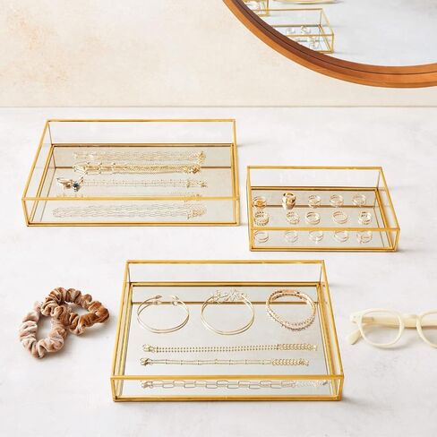 Juvale Set of 3 Gold Mirror Vanity Tray for Perfume, Makeup Display, Decorative Rectangle Glass Jewelry Organizer for Bathroom, Dresser (3 Sizes) in Saudi Arabia