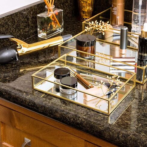 Juvale Set of 3 Gold Mirror Vanity Tray for Perfume, Makeup Display, Decorative Rectangle Glass Jewelry Organizer for Bathroom, Dresser (3 Sizes) in Saudi Arabia