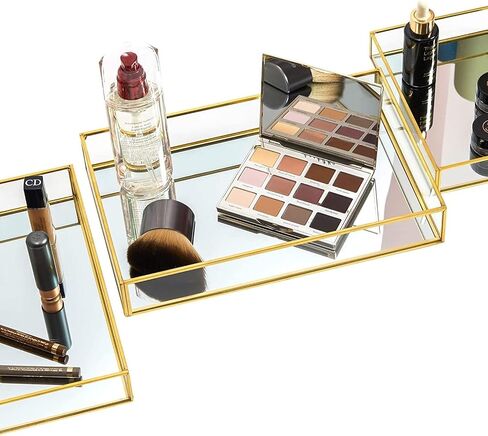 Juvale Set of 3 Gold Mirror Vanity Tray for Perfume, Makeup Display, Decorative Rectangle Glass Jewelry Organizer for Bathroom, Dresser (3 Sizes) in Saudi Arabia