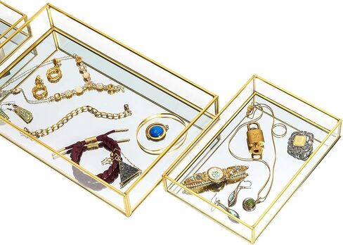 Juvale Set of 3 Gold Mirror Vanity Tray for Perfume, Makeup Display, Decorative Rectangle Glass Jewelry Organizer for Bathroom, Dresser (3 Sizes) in Saudi Arabia