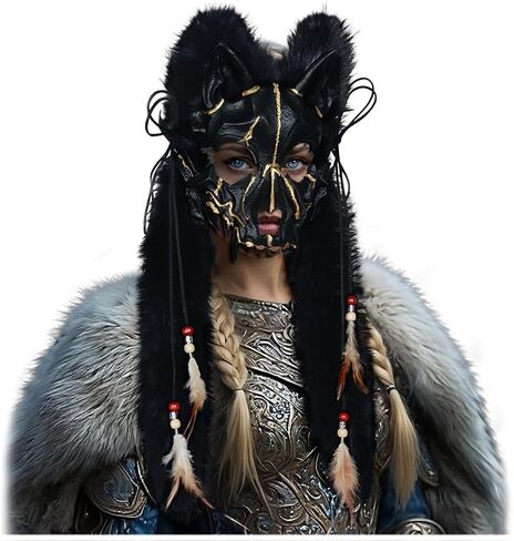 L'VOW Adult Wolf Mask Faux Fur Headdress Viking Fox Mask Werewolf Costume for Halloween Carnival in Saudi Arabia