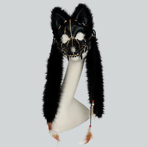 L'VOW Adult Wolf Mask Faux Fur Headdress Viking Fox Mask Werewolf Costume for Halloween Carnival in Saudi Arabia