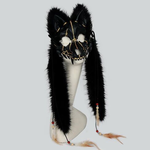 L'VOW Adult Wolf Mask Faux Fur Headdress Viking Fox Mask Werewolf Costume for Halloween Carnival in Saudi Arabia