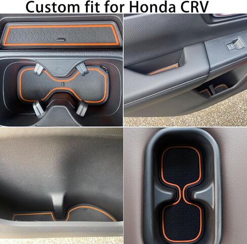 بطانة وحدة التحكم المركزية لملحقات Honda CRV 2023 2024 2025، لسجادة حامل الأكواب CR-V، وسادة فتحة الباب، زخرفة الأكواب، الجزء الداخلي من الغبار غير القابل للانزلاق، إدراج تزيين مطاطي مخصص (17 قطعة، حواف برتقالية) in Kuwait