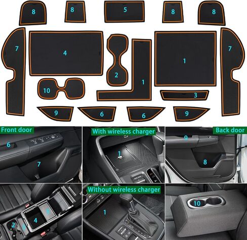 بطانة وحدة التحكم المركزية لملحقات Honda CRV 2023 2024 2025، لسجادة حامل الأكواب CR-V، وسادة فتحة الباب، زخرفة الأكواب، الجزء الداخلي من الغبار غير القابل للانزلاق، إدراج تزيين مطاطي مخصص (17 قطعة، حواف برتقالية) in Kuwait