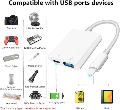 【معتمد من Apple MFi】 محول كاميرا Lightning إلى USB لأجهزة iPhone/iPad، محول كابل USB 3.0 OTG أنثى يدعم توصيل الكاميرا، محرك فلاش USB، قارئ البطاقات، لوحة مفاتيح MIDI، ماوس in Kuwait