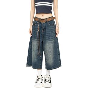 Women Y2k Baggy Jorts Vintage Wide Leg Long Jean Shorts Loose Fit Capri Denim Shorts Trendy Grunge Vintage Streetwear