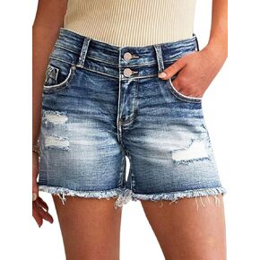 Flamingals Women's Double Button Ripped Raw Hem Summer Casual Mid Waist Denim Shorts