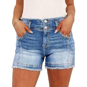 Flamingals Women's Denim Shorts Raw Hem Button Down Mid Rise Straight Leg Jean Shorts