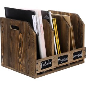 MyGift Rustic Burnt Brown Wood Office Desktop Document File Folder Binder Storage Organizer Rack with 3 Compartments and Chalkboard Labels