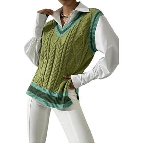 OYOANGLE Women's Striped Trim Sleeveless V Neck Pullover Sweater Vest Split Hem Tank Top Knitwear