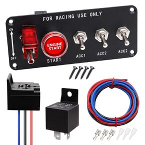 5 in 1 Ignition Switch Panel DC 12V Toggle Switch Push Start Ignition Switch Kit Red LED Light with Relay Wiring Harness for Racing Car Vehicle Truck Boat RV M-133