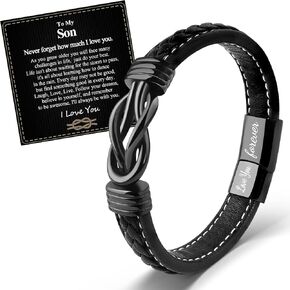 VU100 Gifts for Son/Dad/Man Forever Linked Together Braided Leather Bracelet for Men Inspirational Gifts Graduation Fathers Day Birthday Gifts for Dad Boyfriend Husband Boy Teenage (Black/Brown)