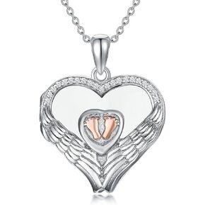 POPLYKE Angel Wings Locket Necklace for Women 925 Sterling Silver Footprints Photo Pendant Necklace Jewelry Gifts