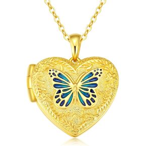 Butterfly Locket Necklace That Holds 2 Pictures 925 Sterling Silver 18k Gold Plated Heart Shaped Locket Necklace Photo Jewelry Gifts for Women Mother Mom Mother's Day Christmas Birthday,18+2 inch