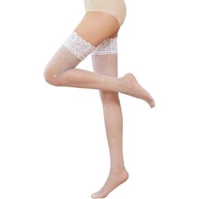 جوارب نسائية بيضاء مثيرة من الدانتيل عالية الفخذ مع جوارب من السيليكون اللامعة من الدانتيل بحجر الراين in Kuwait