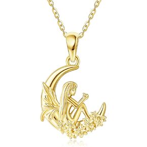 Moon Fairy Necklace 14K Gold Elf Fairy on Moon Pendant Necklace Gold Angel Jewelry Gifts for Women