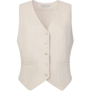 Women's Linen Vest Sleeveless Button Down V Neck Formal Business Waistcoat