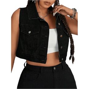 MakeMeChic Women's Plus Size Denim Vest Button Down Collared Pocket Sleeveless Crop Jean Vest