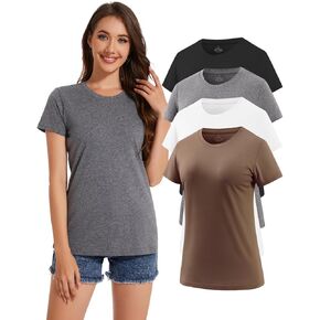 Cosy Pyro Cotton Short Sleeve T Shirt for Women Round Neck Workout Shirts Solid Basic Tee 4-Pack