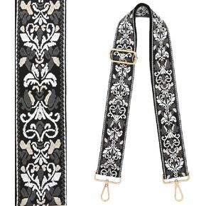Purse Strap 1.97" Wide Replacement Crossbody Strap Handbag Guitar Strap Purse Shoulder Strap Adjustable Retro Jacquard (Black Jacquard Floral)