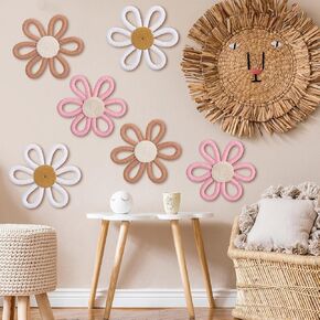 6 Pcs Boho Daisy Flower Wall Art Decor Boho Nursery Wall Art Decor Daisy Flower Woven Macrame Wall Hanging for Home Indoor Decorations(Classic Color,Yarn and Cotton Rope)