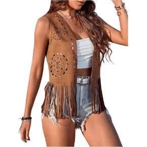 Verdusa Women's Fringe Faux Suede Vest Casual Open Front Sleeveless Tassel Hippie Jacket