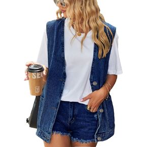 Womens Oversized Sleeveless Jean Denim Jacket Button Down Vest Top for Women Summer Waistcoat Jeans Vests Tops