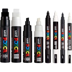 POSCA 8 Pack (PC-17K, PC-8K, PC-5M, PC-3M) Black & White Medium to Large