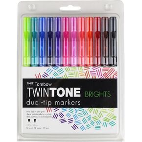 Tombow 61500 Twintone Marker Set, Bright, 12-Pack. Double-Sided Markers for Bold and Precise Writing