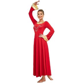MYRISAM Adults Women Praise Dance Robe Liturgical Color Block Bell Sleeve Rhinestone Dress Choir Worship Lyrical Long Gown