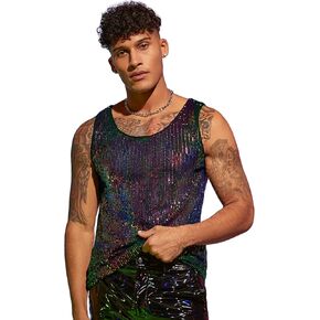 WDIRARA Men's Contrast Sequins Tank Top Sleeveless Round Neck Party Blouse Shirts
