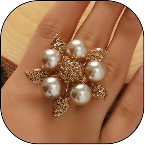 Crystal Pearls Flower Statement Rings for Women Teen Girls,Sparkly Cubic Zirconia Floral Pearl Cluster Finger Rings Trendy Jewelry Accessories Gift