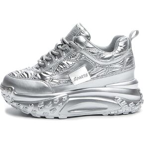 Women's Chunky Increase Height Lace-up Fashion Sneakers Shiny Anti-Slip Wear-Resistant Breathable Platform Wedge Low-top Sport Walking Shoes