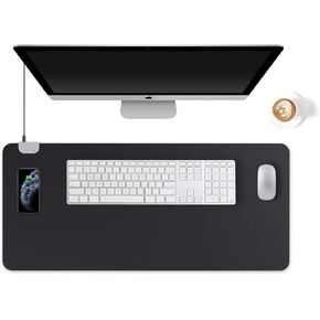 KINGFOM Multifunctional Office Desk Pad, Large Waterproof Pu Leather Mouse Pad, 2-in-1 Use Desk Writing Mat with Wireless Charging for Home/Office 35.4" x 16.7" (Black)
