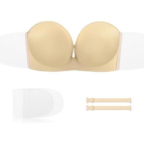 Backless Strapless Bra for Push Up, Thick Padded Adhesive Invisible Sticky Bra for Women and Wedding Dress