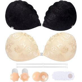 2 Pairs Sticky Bra Push Up, Lace Backless Self Adhesive Strapless Bra, Reusable Invisible Stick on Bra