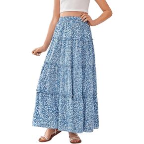 Verdusa Girl's Floral Print Elastic High Waist Ruffle Flowy Long Maxi Skirts