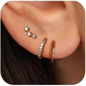 FIASASO 3 Pairs 14K Gold Earrings Hypoallergenic 925 Sterling Silver Stud Earring Huggie Earrings Set Dainty Gold Earrings Small Hoop Earrings Jewelry Cartilage Earrings gold sun