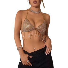 Women'S Sparkly Bikini Crop Top Vest Crystal Tassel Lingerie Golden Shining Exotic Costume Backless Cami halter Lingerie Top