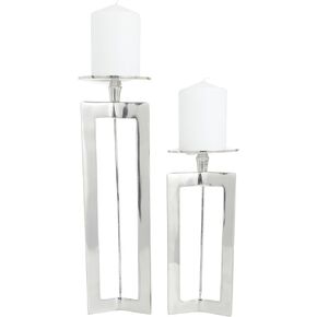 CosmoLiving by Cosmopolitan Aluminum Geometric Pillar Candle Holder, Set of 2 10", 14"H, Silver