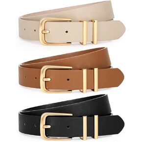 LEACOOLKEY 3 Pack Women's Leather Belts for Jeans Dresses Fashion Ladies Gold/Sliver Buckle Leather Belts