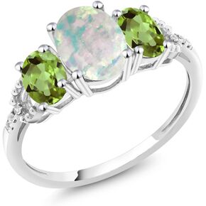 Gem Stone King 10K White Gold Cabochon White Simulated Opal and Green Peridot and Diamond Accent 3-Stone Women Engagement Ring (2.10 Cttw)