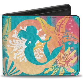 Buckle-Down Men's Disney Wallet, Bifold, Ariel Pose Shells Sea Flowers Collage Aqua Blue Multi Color, Vegan Leather, Multicolor, Standard Size