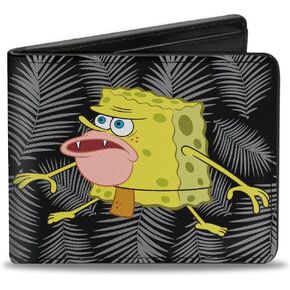 Buckle-Down Men's Nickelodeon Wallet, Bifold, Primitive Sponge Pose Leaves Black Gray, Vegan Leather, Spongebob Squarepants, 4.0" x 3.5"