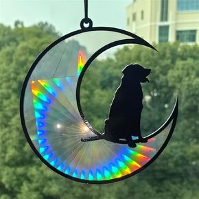 Black Dog Crescent Moon Acrylic Window Hanging Decor, Stained Glass Window Panels Suncatcher Wall Art Mural Bedroom Office Garden Decorative Gift for Mom Grandma Dog Lover