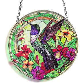 Hummingbird Suncatcher, Hummingbird Panel Glass Stained Glass Indoor Window Art Wall Decor for Hummingbird Bird Lover.