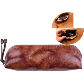Soft Genuine Leather Glasses Case Safety Zipper Sunglasses Case,Portable Zippered Genuine Leather Pen and Pencil Case Cosmetic PouchFor Men Women Businessmen And Artists Home Work Office