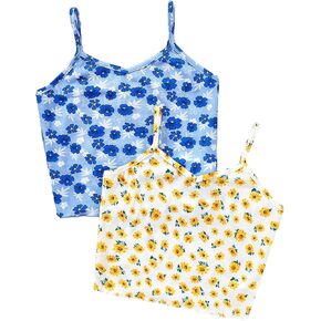 OYOANGLE Girl's 2 Piece Cute Floral Print Spaghetti Strap Cami Tops Set Ribbed Knit Crop Top