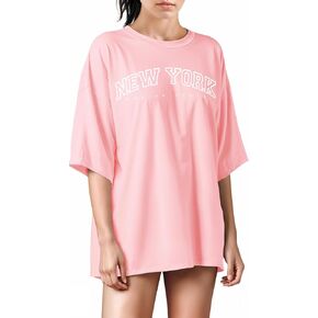 تي شيرت نسائي كبير الحجم من Treswear - تي شيرت فضفاض برقبة دائرية وأكمام قصيرة، بلوزة صيفية كاجوال، تي شيرت أساسي مريح in Kuwait